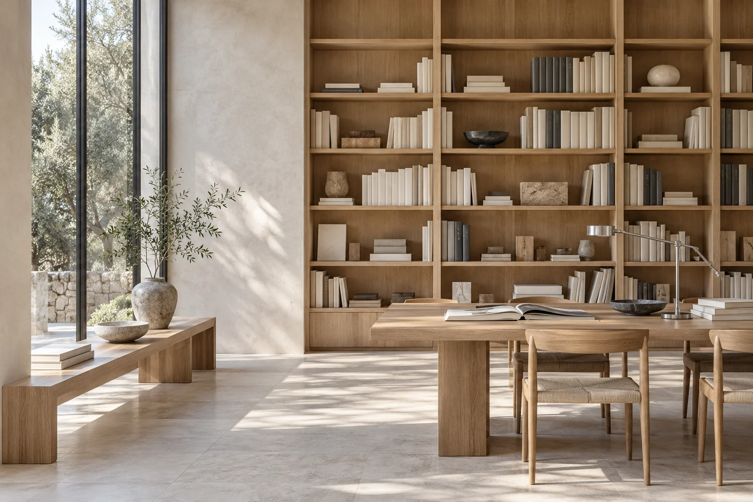 Studio library with timber shelves and samples