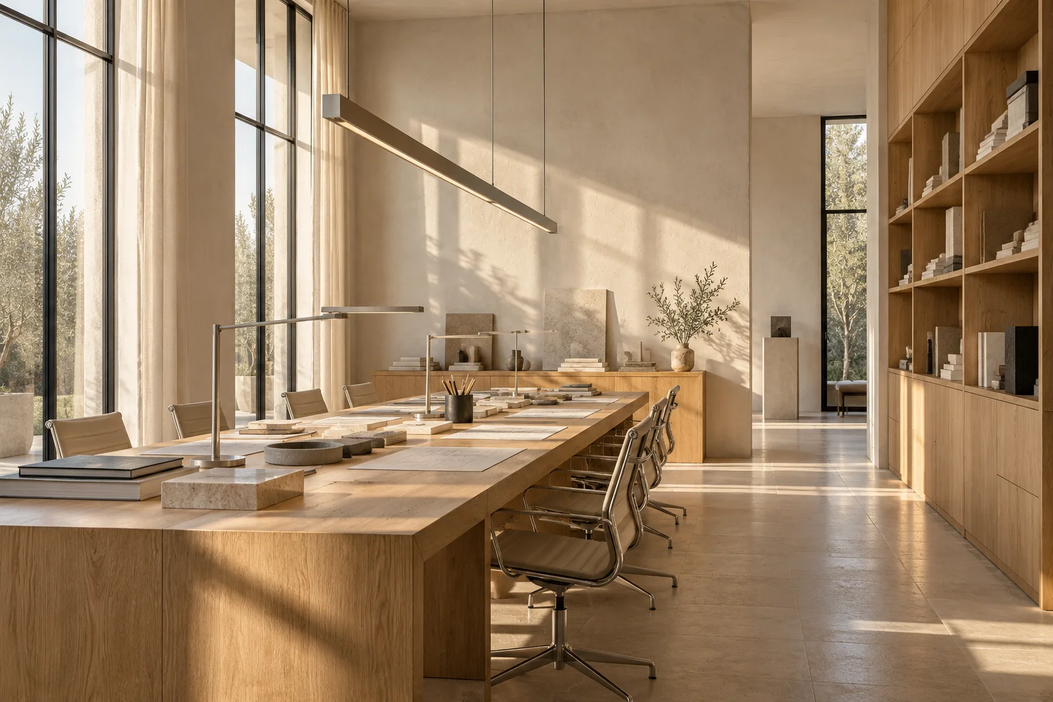 Diffuse daylight and precise task lighting in a creative workspace