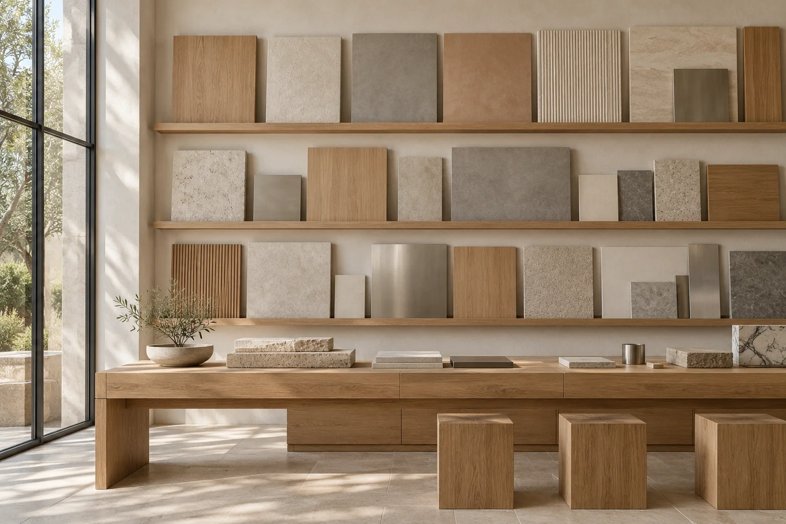 Carefully ordered architectural material samples on a studio wall