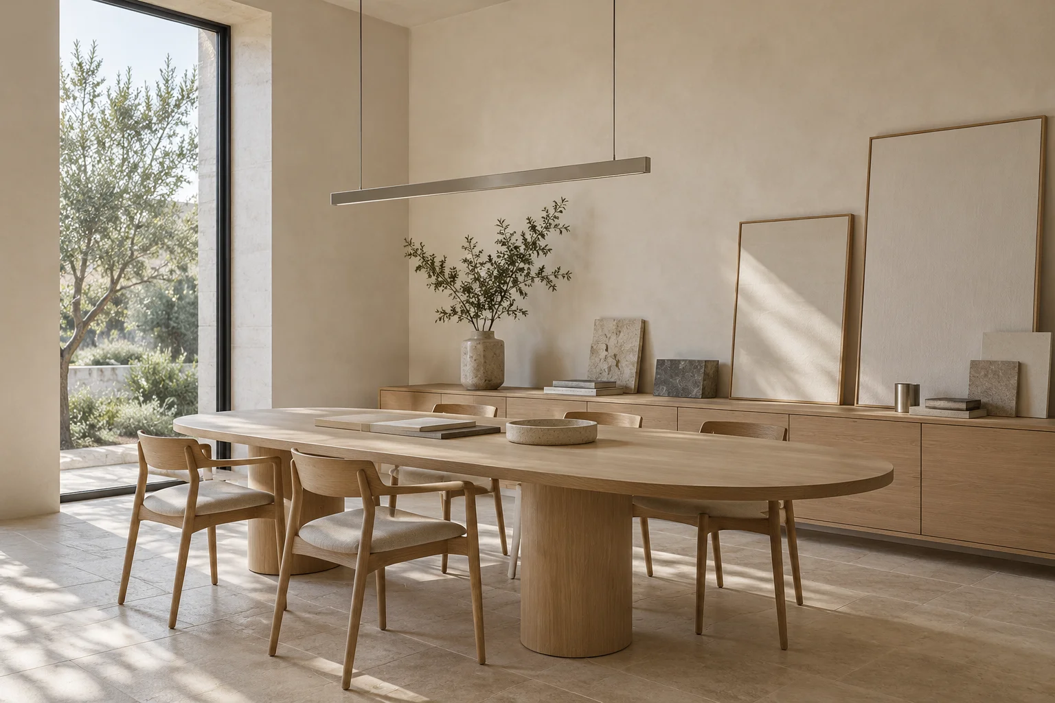 Quiet meeting room with a restrained material palette