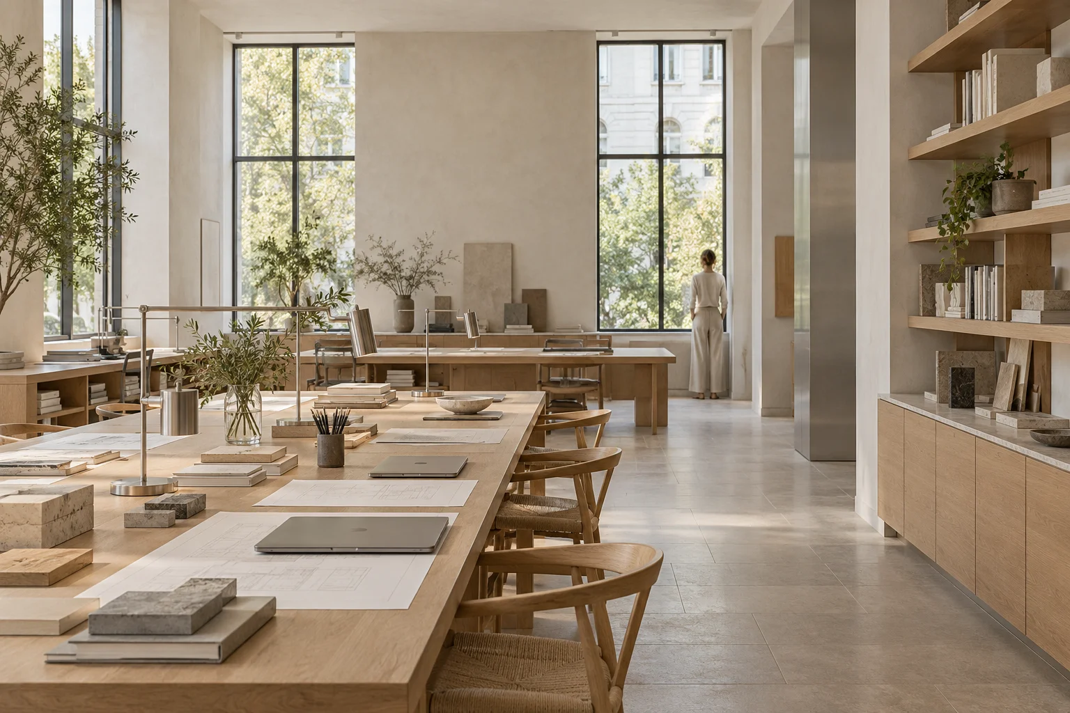 Open architecture workspace with long oak worktables