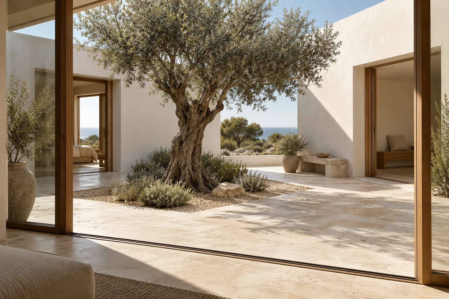 Travertine courtyard with an olive tree and shaded passage