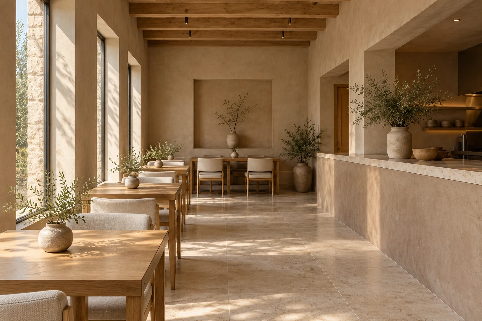 Contemporary restaurant with clay walls, oak tables, and soft daylight