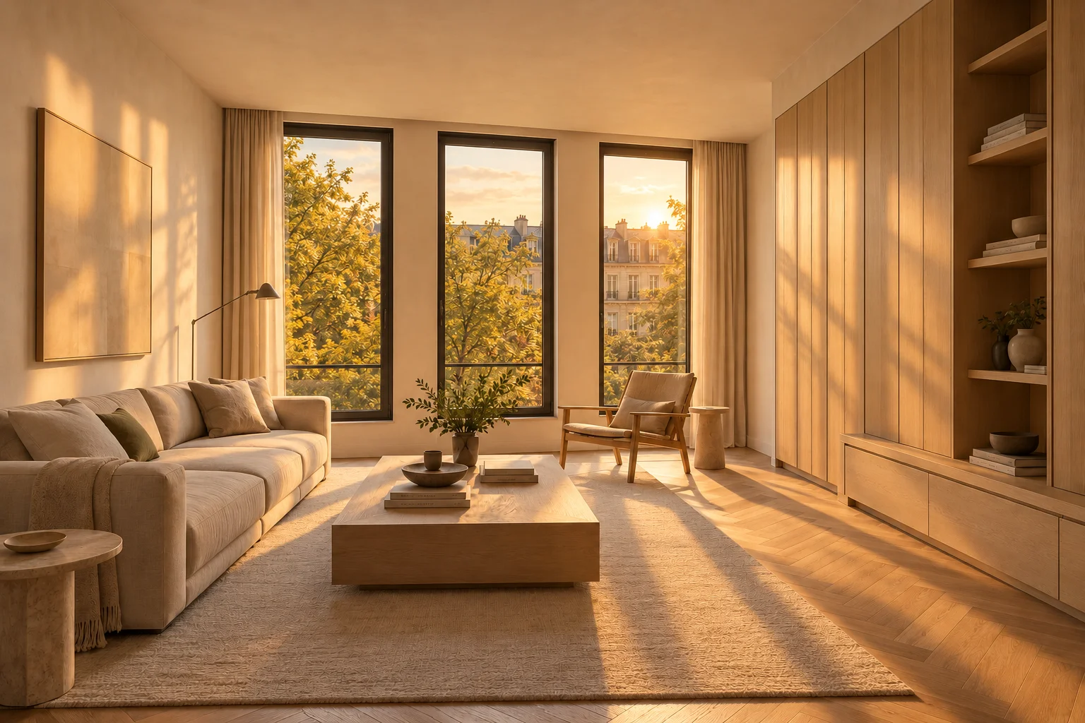 The same Northlight living room under golden hour light