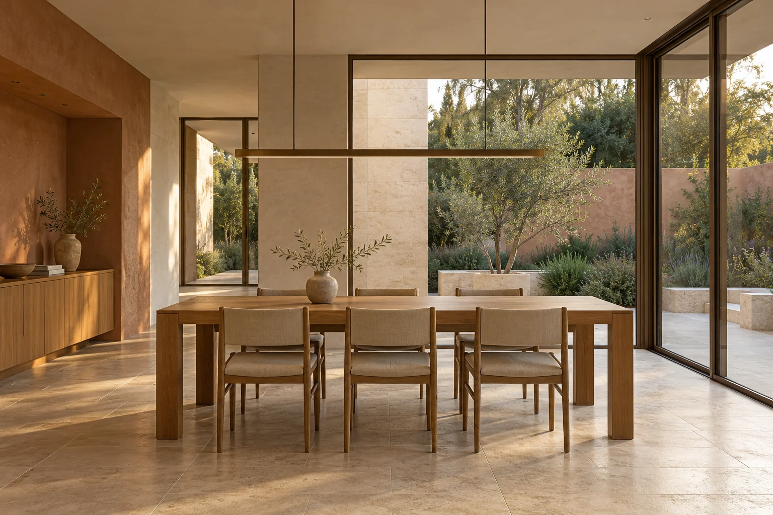 Family dining room aligned with a garden view