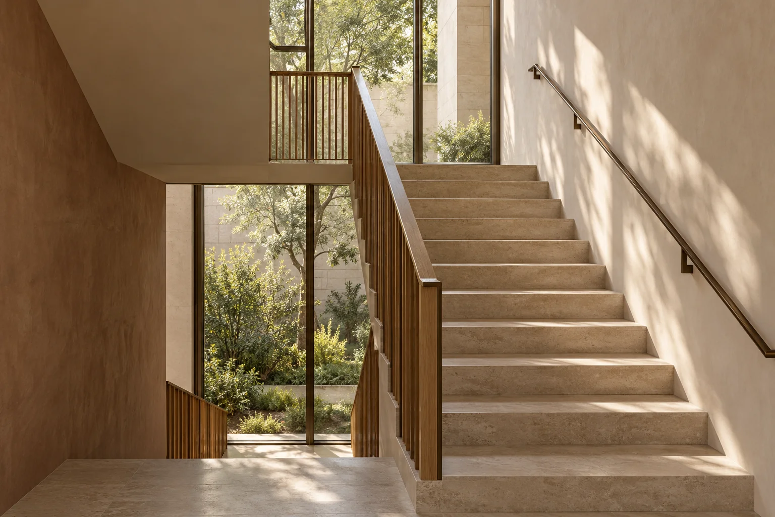 Straight oak stair under a linear rooflight