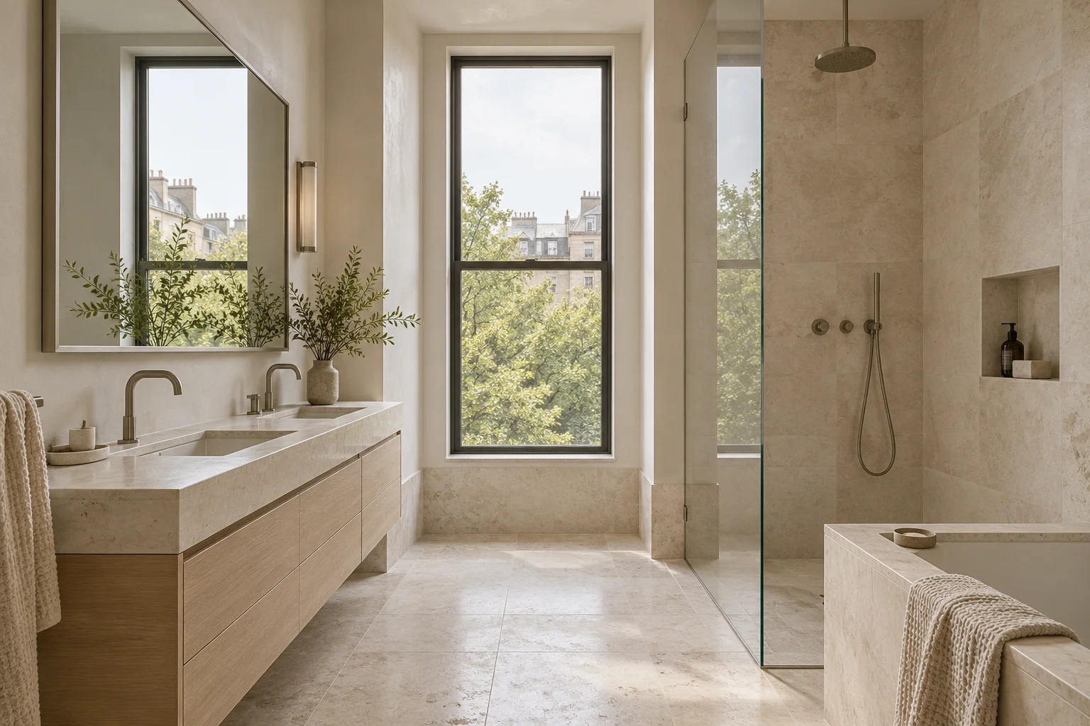 Pale stone apartment bathroom