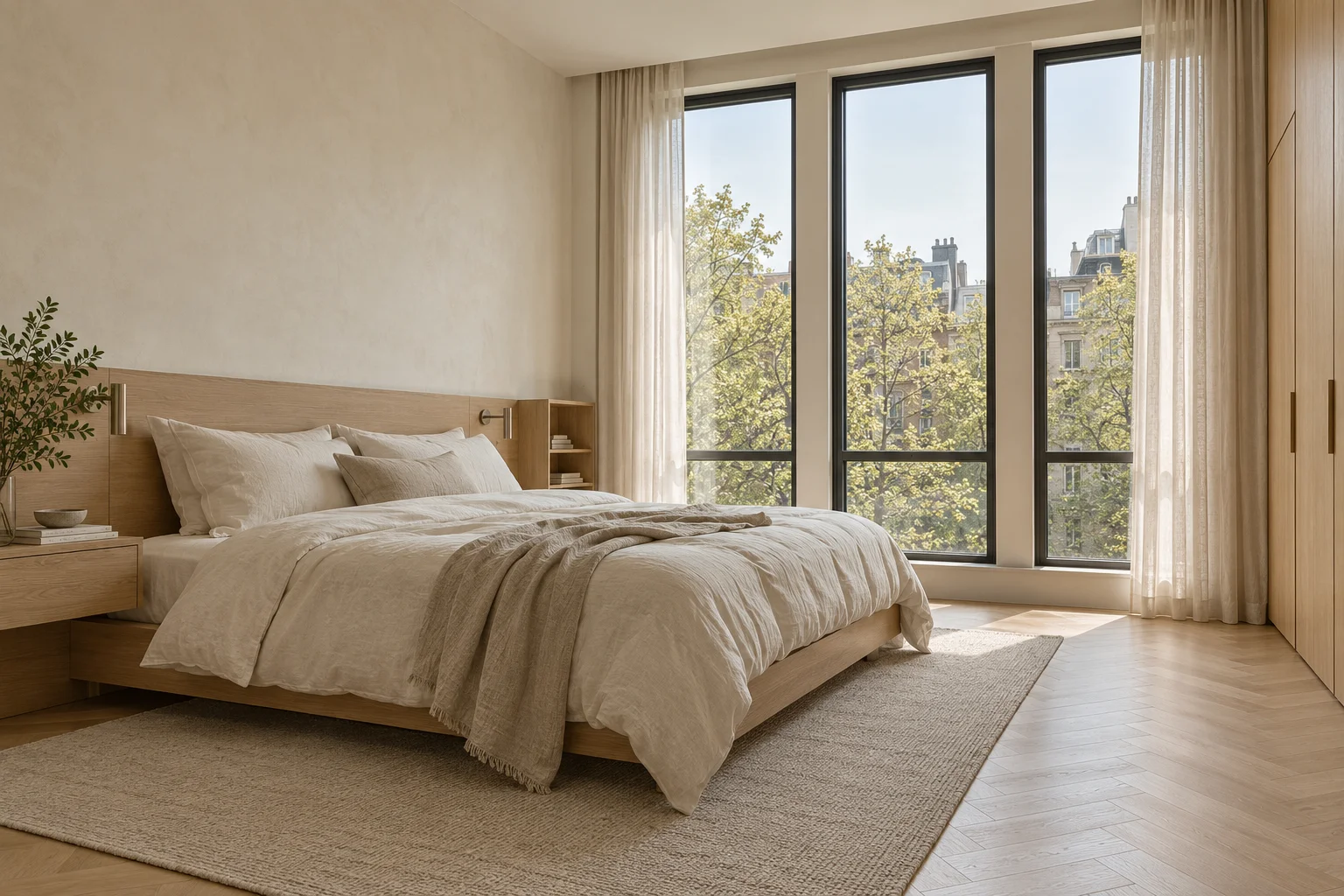 Apartment bedroom with integrated storage