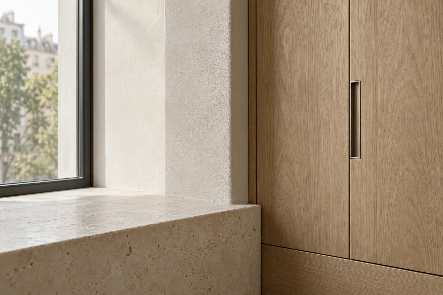 Brushed metal fitting against textured plaster