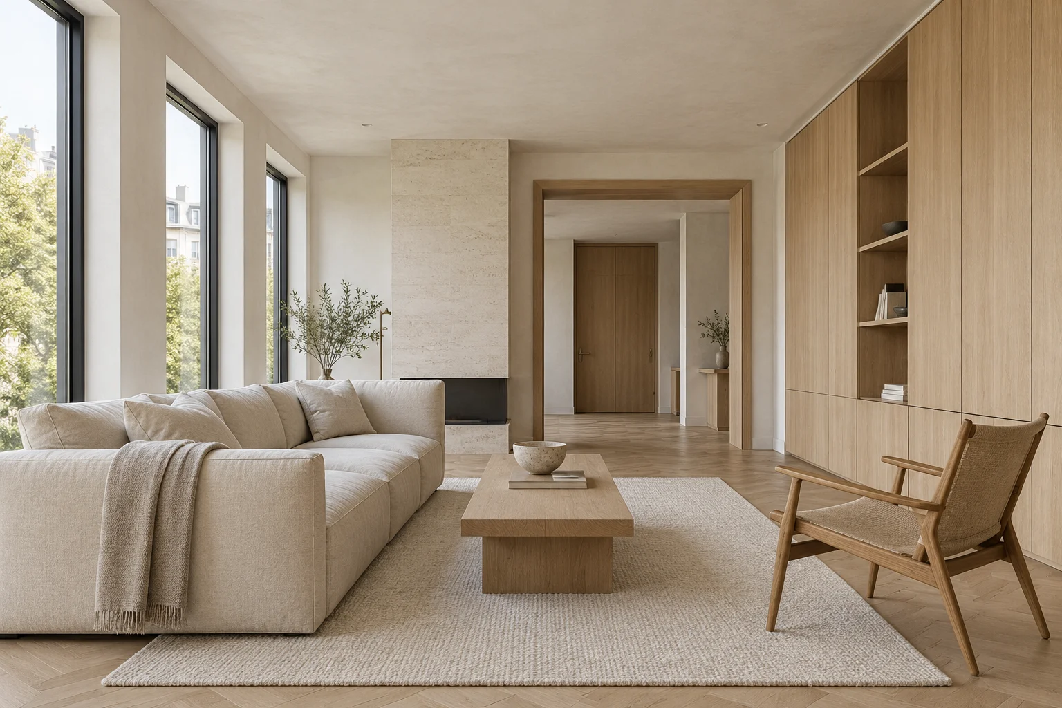 Minimal apartment living room with oak furniture and north-facing daylight