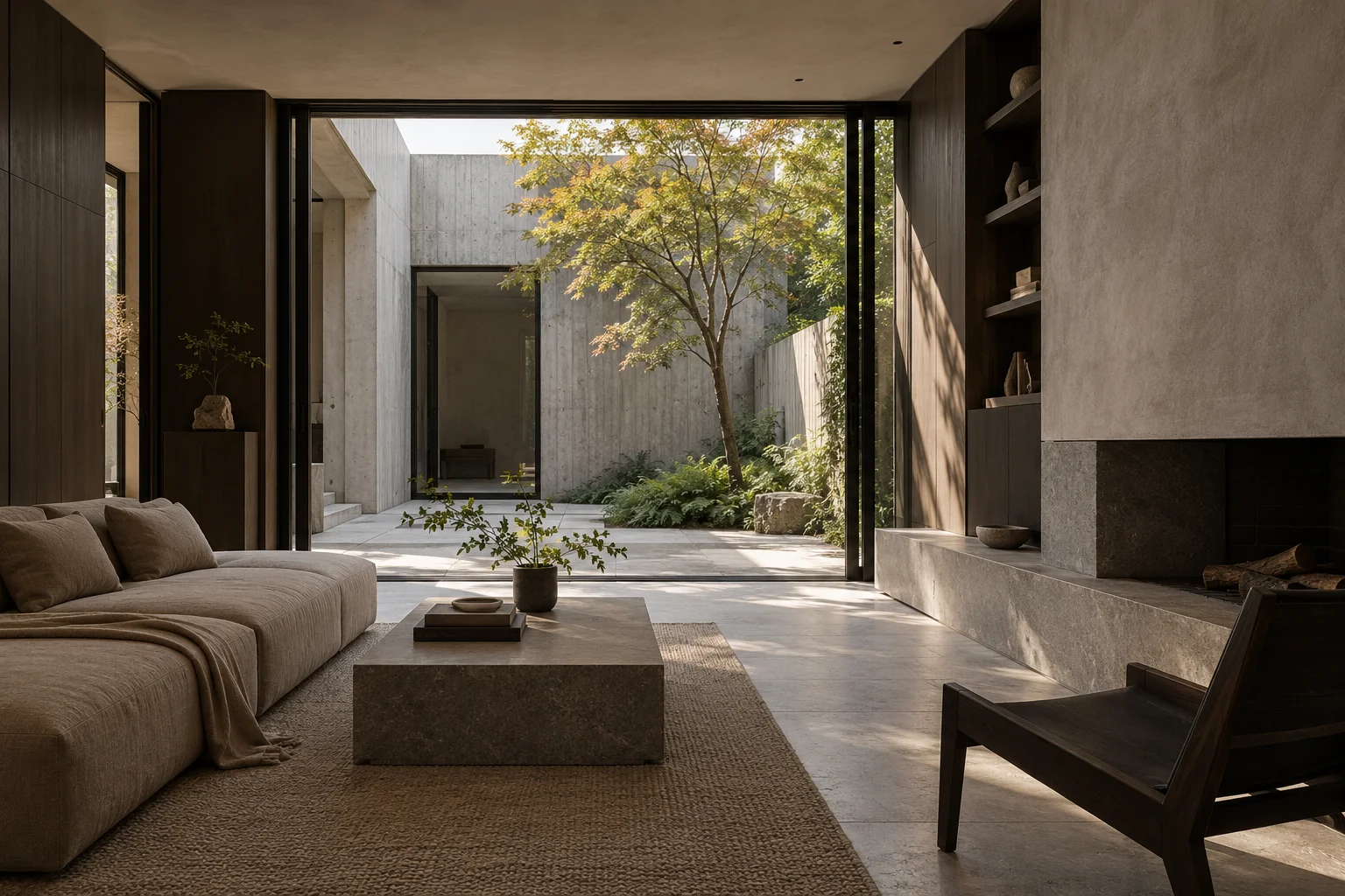 Courtyard-facing living room with textured plaster walls
