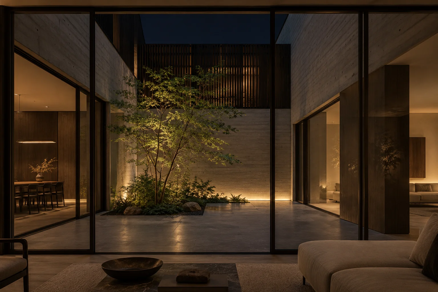 Quiet urban courtyard house after sunset