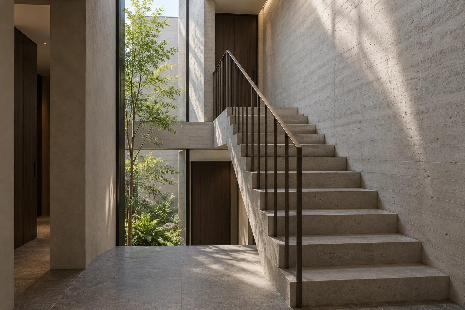 Concrete stair rising beside a narrow courtyard window