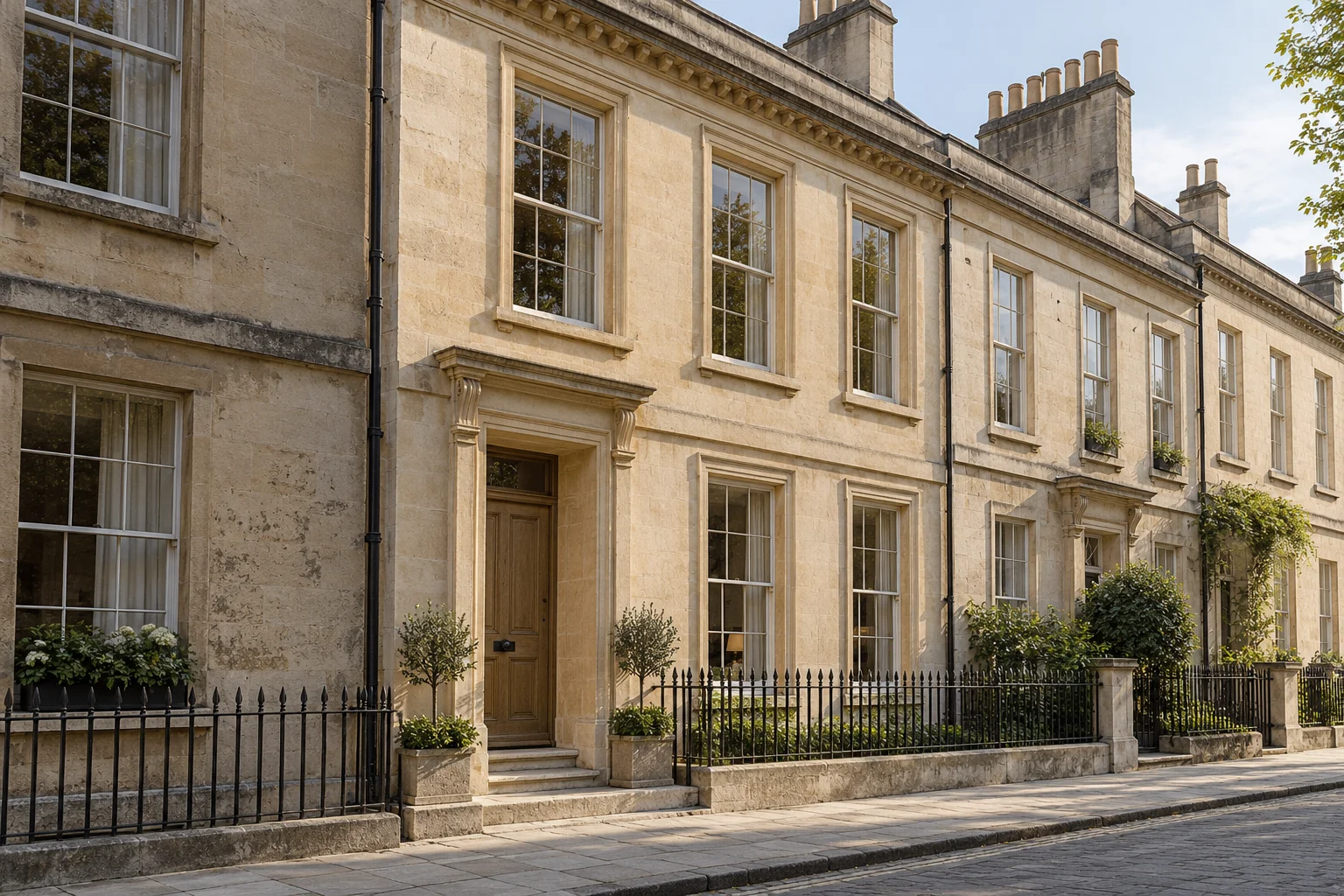 Renovated limestone townhouse with a planted entrance