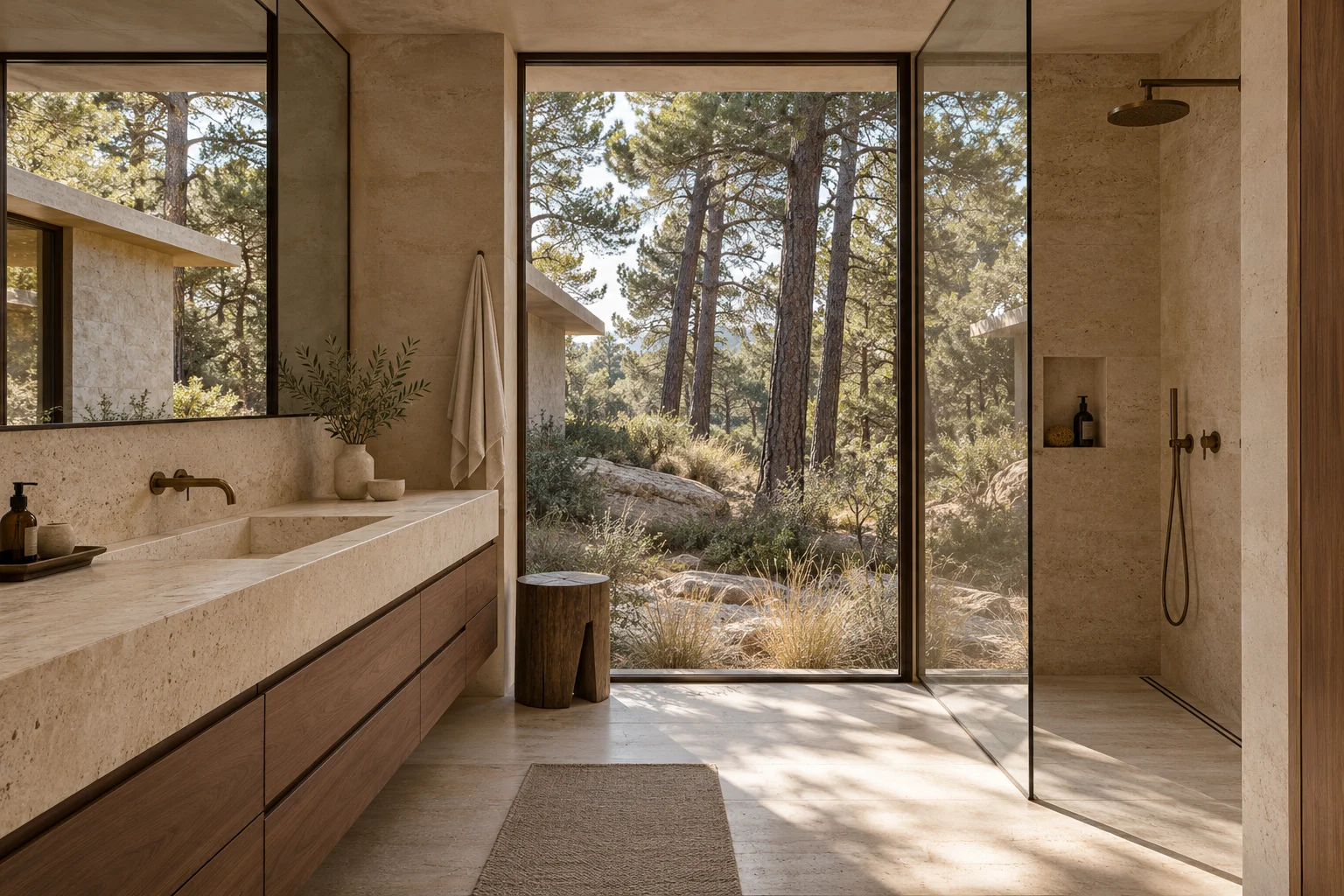 Stone bath beside a sheltered landscape window