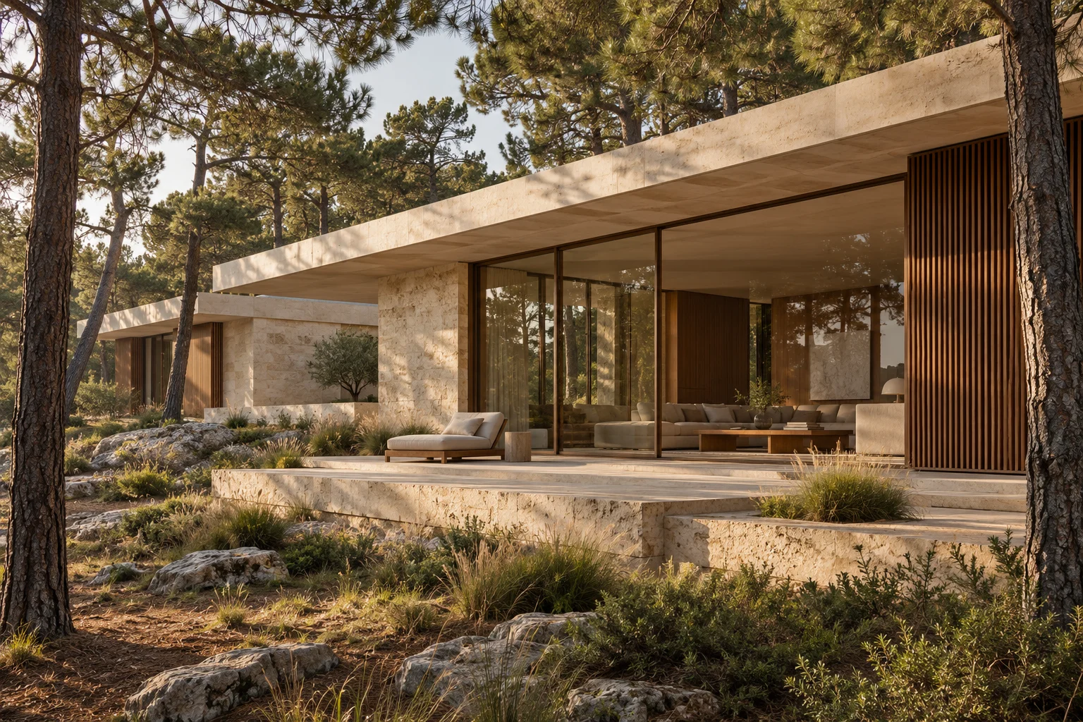 Low stone and walnut retreat among tall pines